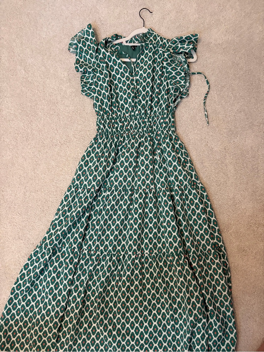 Green Patterned Flutter Sleeve Maxi Dress